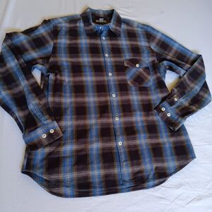 Martin Gordan Sz L Blue and Brown Casual Button Down Shirt with Plaid Design